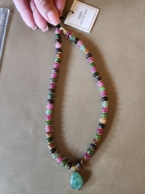 Quartz And Brass Beaded Necklace with Green Teardrop Pendant